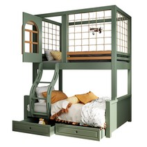 우드 벙커침대 그린 2층 어린이방 올인원 학생 수납, 침대+슬라이드+매트리스 150x190