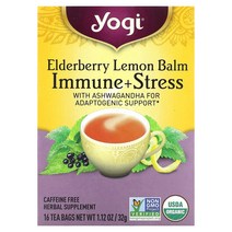 HK몰 Yogi Tea Immune + Stress Elderberry Lemon Balm Caffeine Free 16 Bags 1.12 oz (32 g), 기본