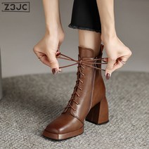 Z3JC 여성 굽높이 앵클부츠 통굽 싱글부츠 빈티지 스퀘어 가죽 패션 스트랩 여성 워커