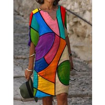 휴양지원피스 엄마돌원피스 돌맘드레스 패션 빈티지 인쇄 루스 드레스 여성 반팔 V 넥 반소매 캐주얼 2023