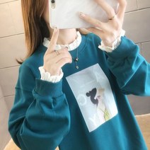 [하나비] 카페레 여성 가을 라운드넥 루즈핏 스판 소녀 레터링 캐주얼 위클리 맨투맨