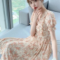 슬림 피트 서양식 여신 팬 버블 슬리브 미디 쉬폰 드레스 프랑스어 소수 도라지 꽃 드레스 빠른배송