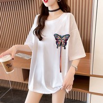 스타일아유 여성 여름 반팔 티셔츠 라운드 배색 나비 패치 유니크 루즈 박시 코튼 면 롱반팔티 얇은 시원한 데일리 캐주얼