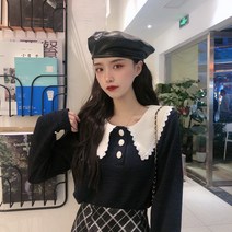 나루니 W05681 레이스카라 와이드카라 여성니트티셔츠 니트긴팔티 귀여운
