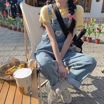 문파워 데님 멜빵 팬츠 청오버롤