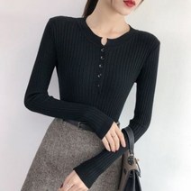 포인트 버튼 골지 니트티 슬림니트 데일리룩