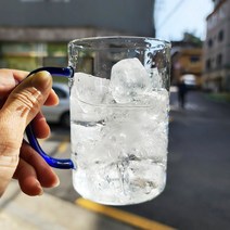 컬러 손잡이 내열 유리컵 투명 유리 머그컵 유리잔 420ml, 블루