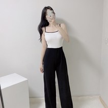 비비미미 시크 배색 끈 나시 뷔스티에 와이드 팬츠 멜빵 바지 여름 점프수트 여성 바캉스룩