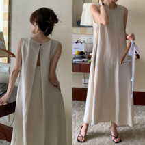 시원한여름데일리롱치마 뒤오픈트임디자인 린넨민소매원피스