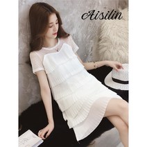 에슬린 여성 여름 원피스 반소매 캉캉 미디 펀칭 레이스 패치워크 3color