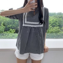 셀러허브(잡화) 여자 헨리 슬릿 레이스 셔링 반팔 깅엄 체크 블라우스
