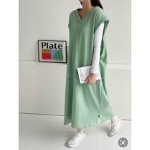 여자 가을 루즈핏 박스형 브이넥 베스트 조끼 레이어드 롱원피스 등하원룩