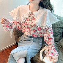 다이뻐 리틀깽스 빅사이즈 봄 여름 하객패션 데이트룩 핑크 플라워 프릴 리본소매 루즈핏 빅카라 세라카라 프렌치 면 쉬폰 플라워 블라우스