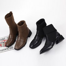프리티슈 여성 니트 스판 삭스 콤비 스퀘어 미들 앵클 부츠 4cm