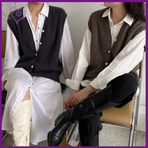 루즈 핏 니트 조끼 베스트 레이어드 룩 추천 오픈형 여성 여자 데이트 외출 오피스 단추 버튼 빅 사이즈 겨울 V넥 포근