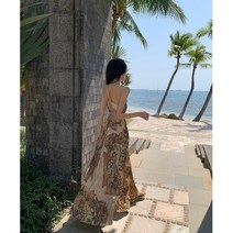 동남아원피스 인생샷 여름 태국 여행복 보헤미안 백리스 백 스트랩 드레스 레트로 슬링 비치 스커트 해변 휴가