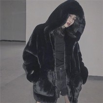 용 래빗 퍼 코트 하프 박시핏 털 후드 퍼 후드 여성 겨울 페이크퍼 코트 인조 모피 자켓