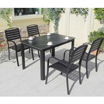 야장 테이블 의자 세트 테라스 방수 식탁 라운지 옥상, 의자 4개+120cm 플라스틱 목재 긴 테이블