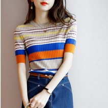 F006628 스트라이프 무지개니트 단가라티셔츠