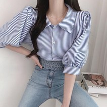 주디앤 여성 버티컬 스트라이프 퍼프 반팔 블라우스