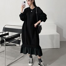 레이어드 원피스)롱원피스 안감기모면원단 겨울원피스 플래어 프릴 밑단플레어 긴 루즈핏 박시한 오버핏