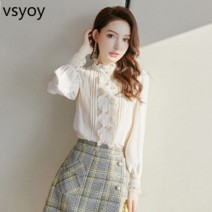 vsyoy Xi ke er 전문 쉬폰 셔츠 여성 슬림 2022 가을 새로운 나무 귀 패션과 벨벳 기본 셔츠 외국 스타일