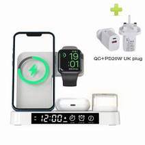 가성비애플 워치 에어팟 13 프로 맥스 인증 휴대폰용 무선 충전 스테이션 알람 시계 야간 조명 포, 06 White 20W UK plug