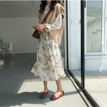 아르무아 플랑 여성 플라워 쉬폰 주름 러블리 하객 플리츠 롱 원피스