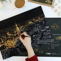 스크래치북 성인 학생 나이트뷰 스크래치 페이퍼 북 집에서 혼자 놀기 DIY 명화 컬러링북 색칠 공부 하기 도안 취미 놀이, 01.일본벚꽃