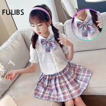 FULIBS jk유니폼 여름 정식초등학생 체크 스커트세트 학원풍 셔링스커트 주니어 세트 여학생 교복 중학교 교복