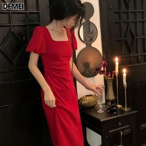 DFMEI 빈티지 레드 원피스 여름 조거 사각넥 선녀 미디스커트
