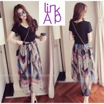 링크어패럴 여성 다양한 무늬 투톤 쉬폰 플레어원피스 쫀쫀한 브이넥 롱 원피스 여성 반팔 기하학 원피스