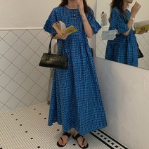 아링 시원한 여름 프릴 A라인 반팔 맥시 롱 원피스 바캉스룩 블루 빅사이즈