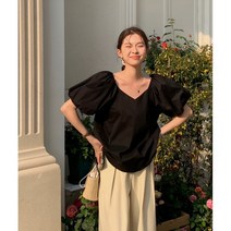 Banhany 카밍 페미닌 브이넥 벌룬 소매 반팔 블라우스 5color