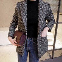 SEV9WVS9 여성 봄 가을 복고 체크 모직 자켓