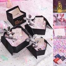 ZZJJC 선물함 라지 사이즈 남자친구 생일선물세트 빈 박스 선물세트, 라지 사이즈 팔각 선물세트 [25*25**]15CM 】, 블랙(볼+카드+선물)파우치+램프+럭키토끼)
