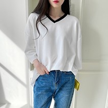 코지 여자 바닐라 심플 배색 브이넥 기본 이너 긴팔티