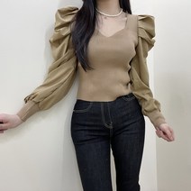 VANANA2 여성 하트넥 어깨 퍼프 쉬폰 니트 블라우스 4color