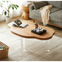 북유럽 구름 원목 테이블 아크릴 다리 비정형 거실 소파 좌식 엔틱 이케아 책상 겸 식탁 4인용 6인용 물결 원형 목재 모듈 투명 빈티지 일본, L80xW55xH40cm