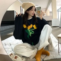 포린박스 복고풍 봄 풀오버 입체 꽃 자수 니트 스웨터 SH