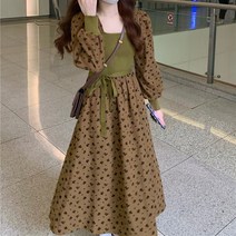 스퀘어 넥 플로럴 드레스 여성용 롱 스커트 레트로 슬리브 수신 허리 슬림 스커트