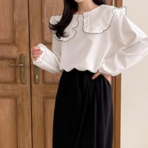 다잇템 여자 벌룬 콘트라스트 프릴 웨이브 블라우스 (8130659)