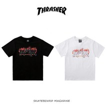 Thrasher T-shirt 트레셔 플레임 로고 여름철 순면 반팔 불길-한정판