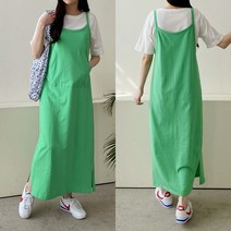 봄 여름 레이어드 키큰여자 44-66사이즈 캥거루 포켓 끈 나시 멜빵 면 롱 원피스
