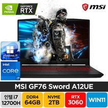 MSI Sword GF76 A12UE 12세대 i7-12700H RTX3060 17인치 윈도우11 배그 주식 고성능 노트북, 블랙, 코어i7, 2TB, 64GB, WIN11 Home