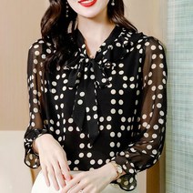 고급 쉬폰 웨이브 도트 셔츠 여성 2023 여름 새 외국 Qi 감소 및 고기 얇은 연꽃 잎 긴 -작은 셔츠 작은 셔츠