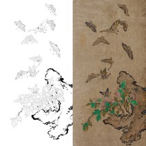 율아트 화접도 6폭 병풍 민화 도안 민화그리기 본그림 공모전 취미 원데이클래스 수업자료 컬러링, 화접도3, 고급 닥순지, 원본 사이즈