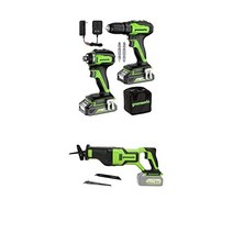그린works 24V 브러시리스 전동 공구 콤보 키트 (3개 공구: 드릴 임팩트 드라이버 왕복톱 2x 2Ah 배터리 및 충전기)