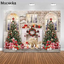 크리스마스 스튜디오 사진배경 흰색 벽난로 고풍 벽돌 벽 트리 선물 나무 바닥 가족 인물, 폴리에스터 300x200cm