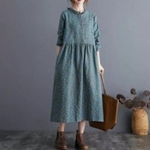 가을 원피스 빈티지 긴 소매 코튼 린넨 루즈핏 잔꽃무늬 홈드레스 면 롱원피스